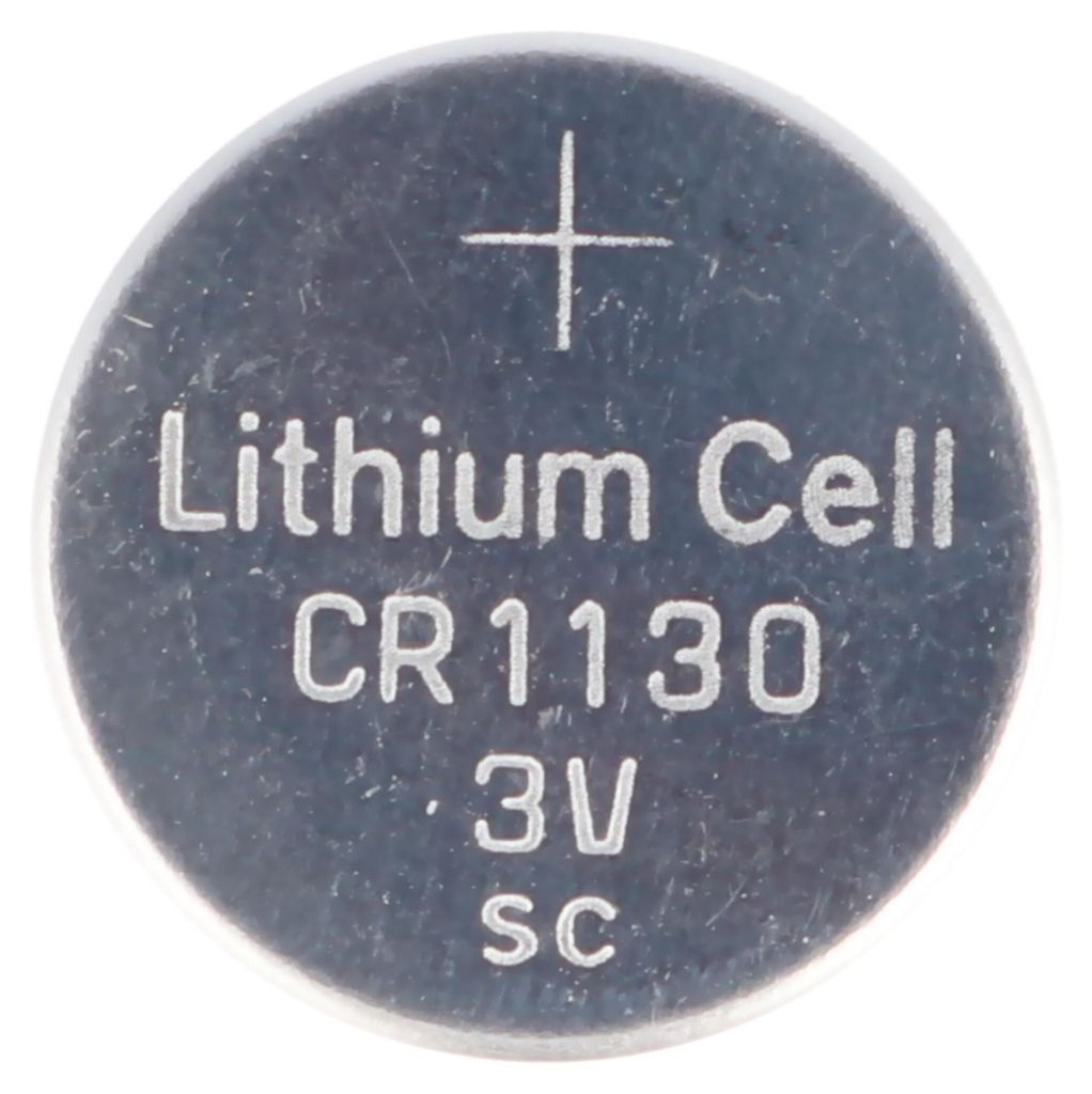 A close-up, top-down view of a single CR1130 lithium coin cell battery.