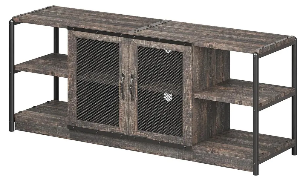 Meuble TV bois et métal chêne foncé 160 cm, portes grillagées de style loft