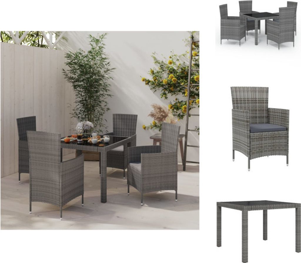 vidaXL 5-tlg. Garten-Essgruppe mit Kissen Poly Rattan Grau - Gartenmöbel-Sets