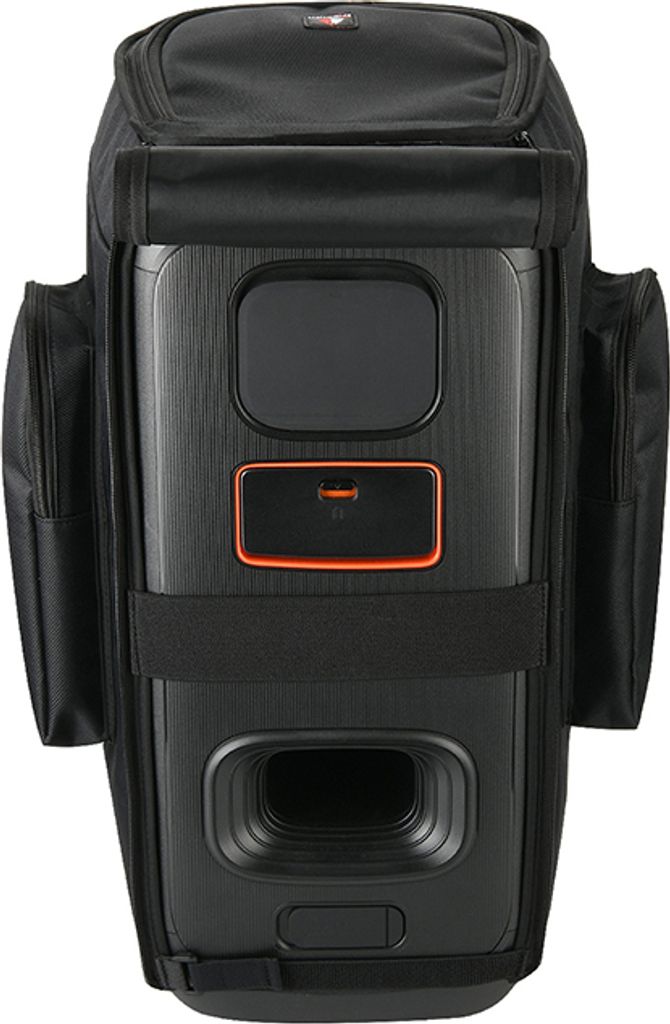 A black protective cover for a speaker, with the speaker partially visible inside.