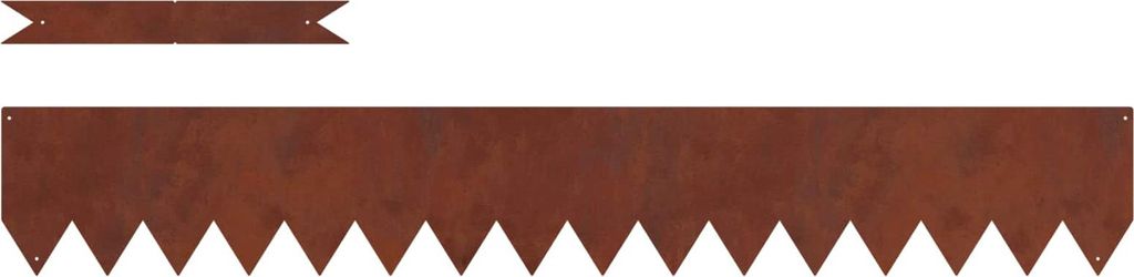 Two pieces of rusty metal edging with a jagged bottom edge, one smaller piece above a larger piece.