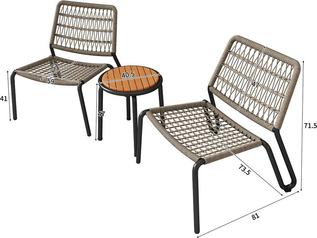 3-teiliges Bistro-Set – Balkonmöbel – Gartenmöbel – Tisch & Stühle – Verzinkter Stahl & handgeflochtenes Seil – Massivholz – 160 kg ...