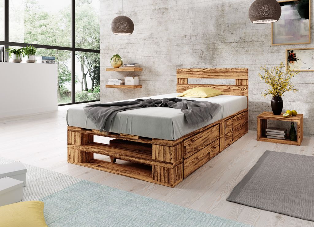 Lermowood Palettenbett M2 80 x 200 cm mit Kopfteil und 2 Bettkästen Geflammt Holzbett Massivholzbett Bett aus Paletten Seniorenbett Kinderbett Jug...