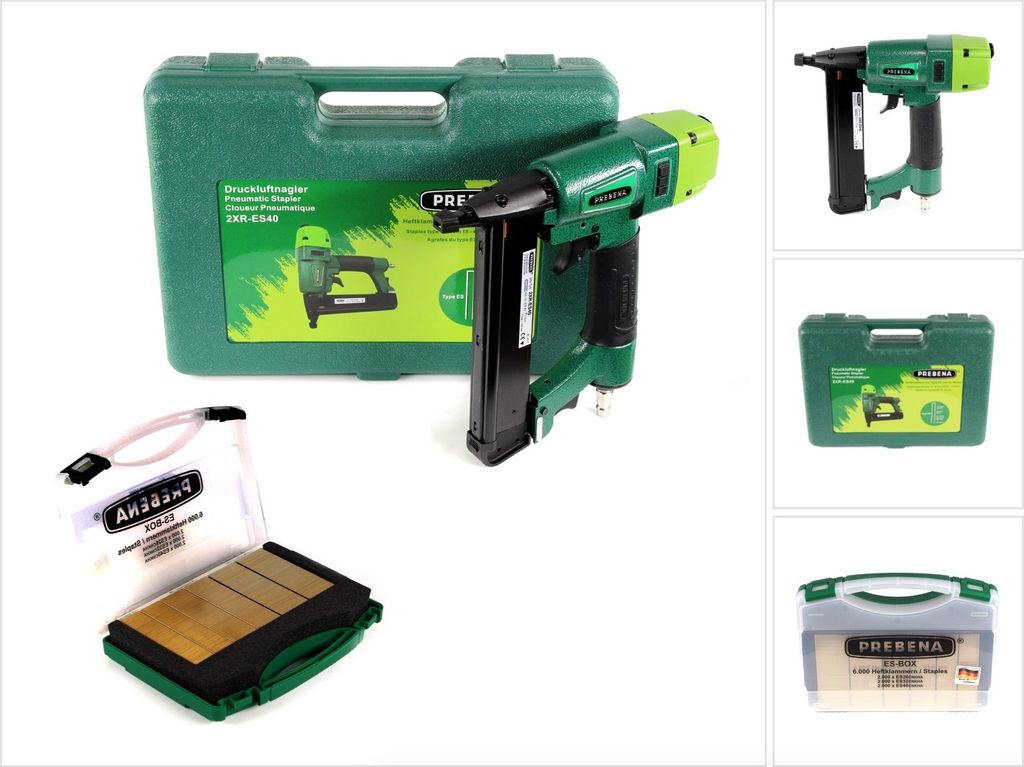 Prebena 2XR-ES40 Klammergerät Druckluft Nagler im Transportkoffer Typ ES + 6000x Prebena CNKHA Heftklammern Typ ES