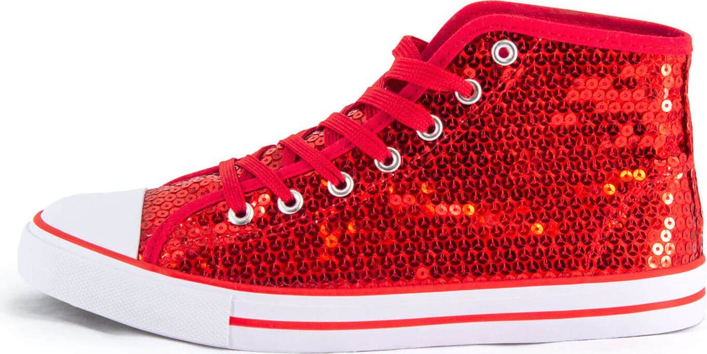 A side view of a red sequined high-top sneaker with white laces and a white sole.
