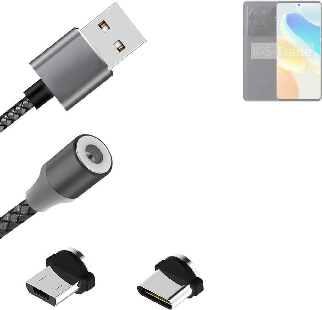 K-S-Trade Hochwertiges Magnet-Lade-kabel Sync-Kabel Daten-Kabel kompatibel mit Vivo X80 Pro mit USB-Typ-C-Anschluss und Micro-USB-Anschluss 2A bis zu
