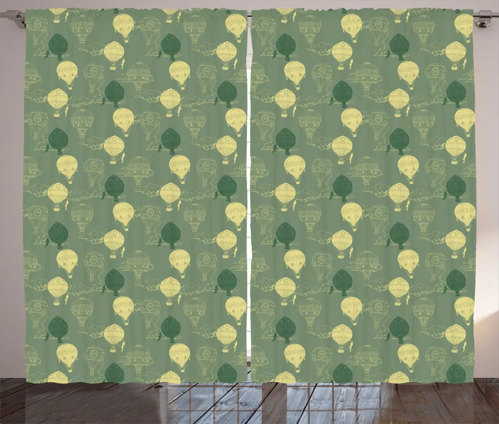 Rideau Fantaisie Salon 280x225cm - Motif Ballons Nuages Vert Paon-Jaune
