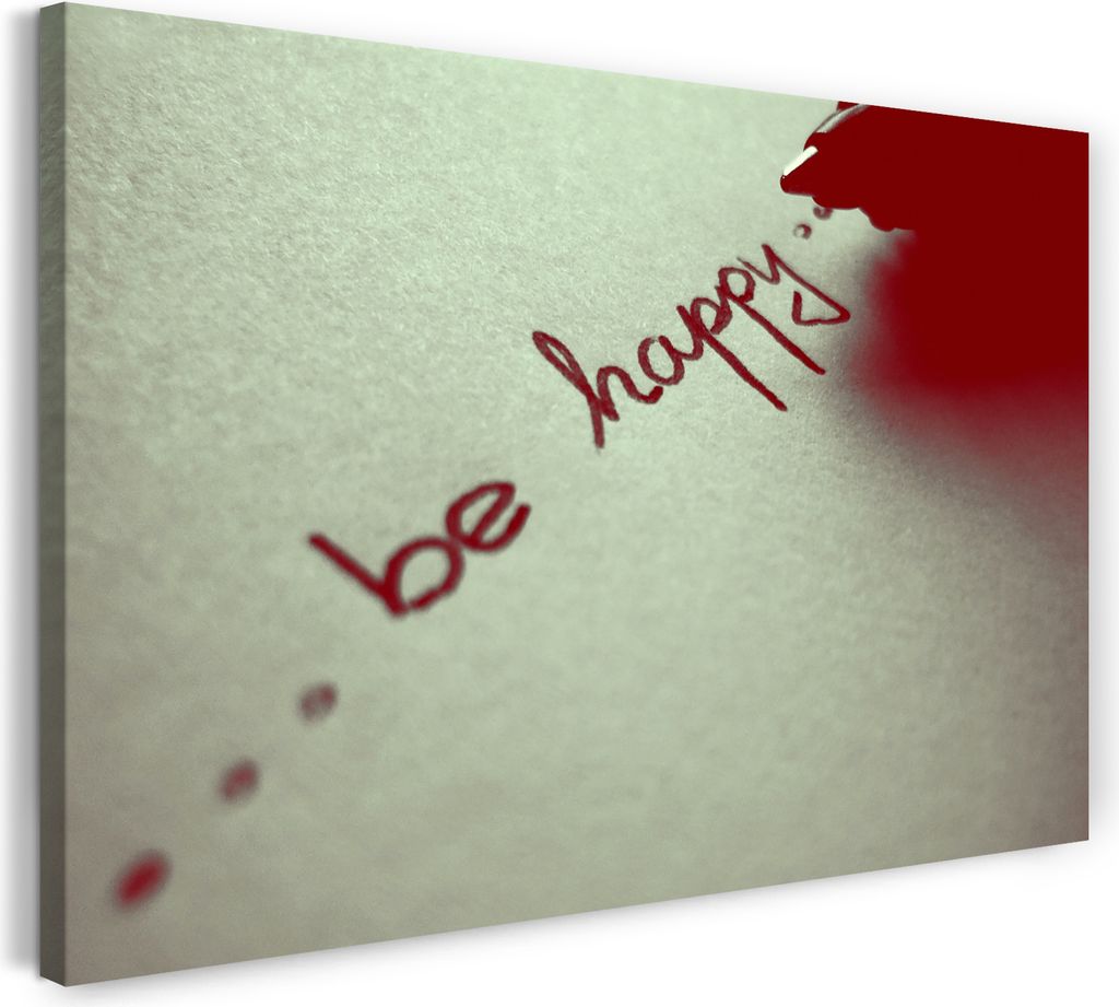 Leinwandbild (80x60cm): Motivierender Spruch be happy, Zitate Quotes Glück gute Laune, echter Holz-Keilrahmen inkl. Aufhänger, handgefertigt in D...