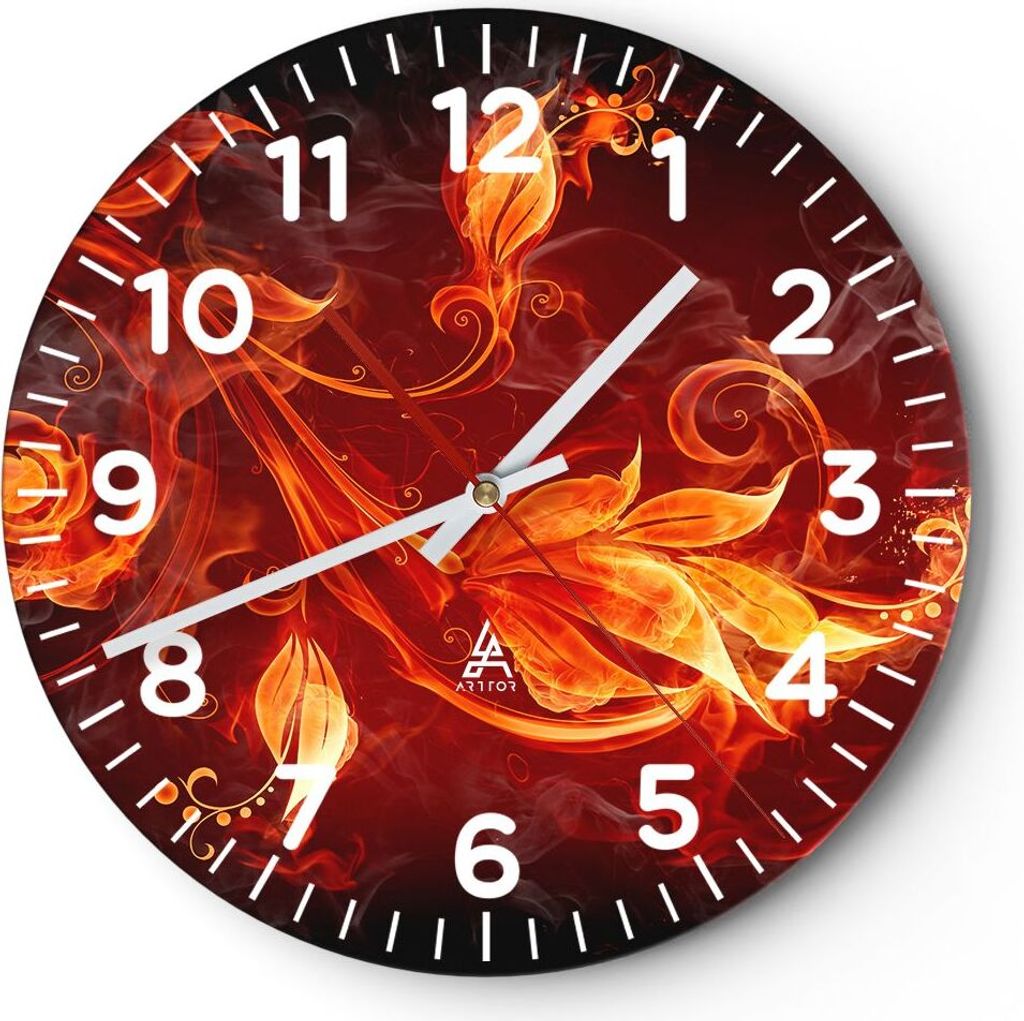Wanduhr - Rund - Glasuhr - Blätter Feuer Muster - 30x30cm - Schleichendes Uhrwerk - Lautlos - zum Aufhängen bereit - Dekoration Modern - Wanddeko...