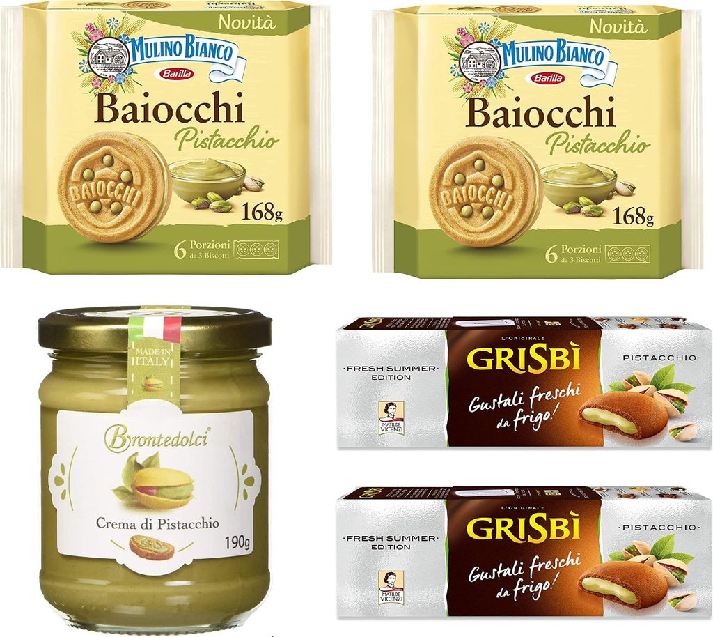 Testpaket Mulino Bianco Baiocchi kekse mit Pistazien 168g + Brontedolci Pistaziencreme 190g + 2x Matilde Vicenzi Grisbi Pistacchio kekse mit pistaz...