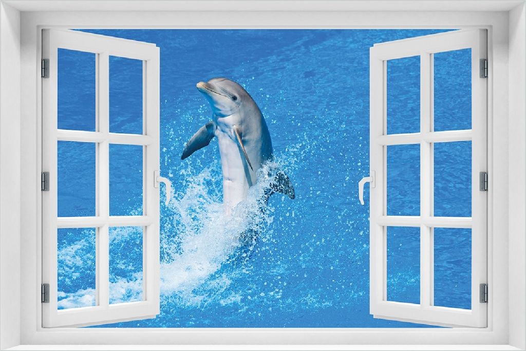 Wallario Poster mit Fenster-Illusion: Fröhlicher Delfin im blauen Wasser, Größe: 100 x 150 cm