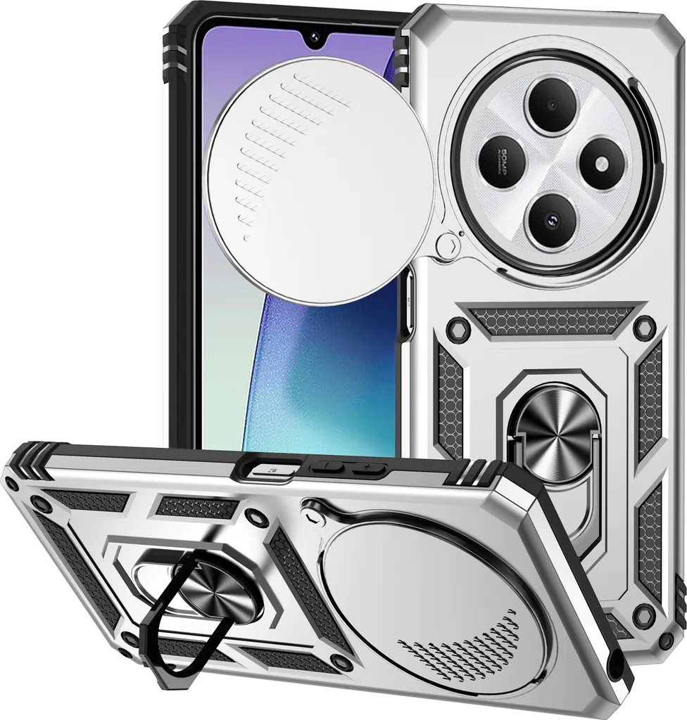 Custodia Xiaomi Redmi 14C Argento Anti-Urto: Slide Camera e Anello 360