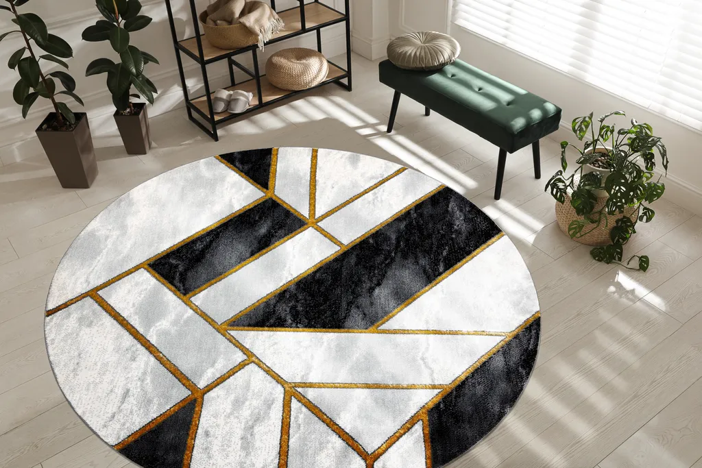 Grand tapis de salon rond design géométrique chic, effet marbre 120cm