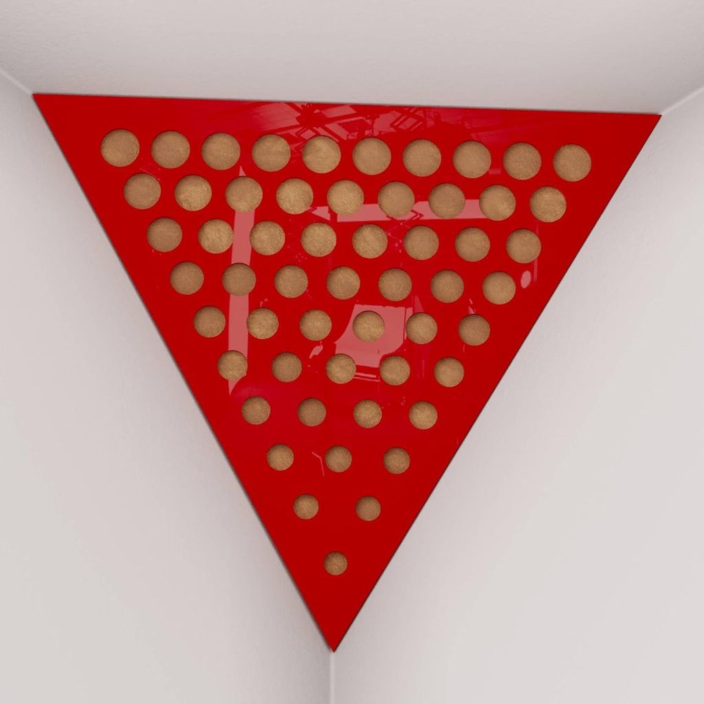 2er-Pack – Deckenecken-Bassfalle "Triangle-F" | Pyramidenförmiger Akustikschaum mit laminierter HDF-Platte und Stoff [ROUNDS -Roter Kunststoff|G...