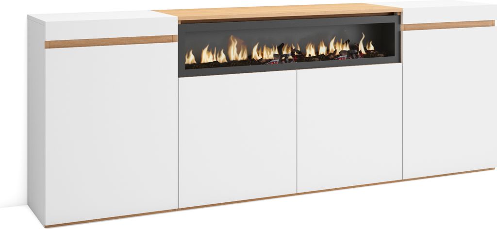 Sideboard, Highboard, 200x35x75cm, 4 Türen, Elektrokamin, Weiß und Eiche Soft