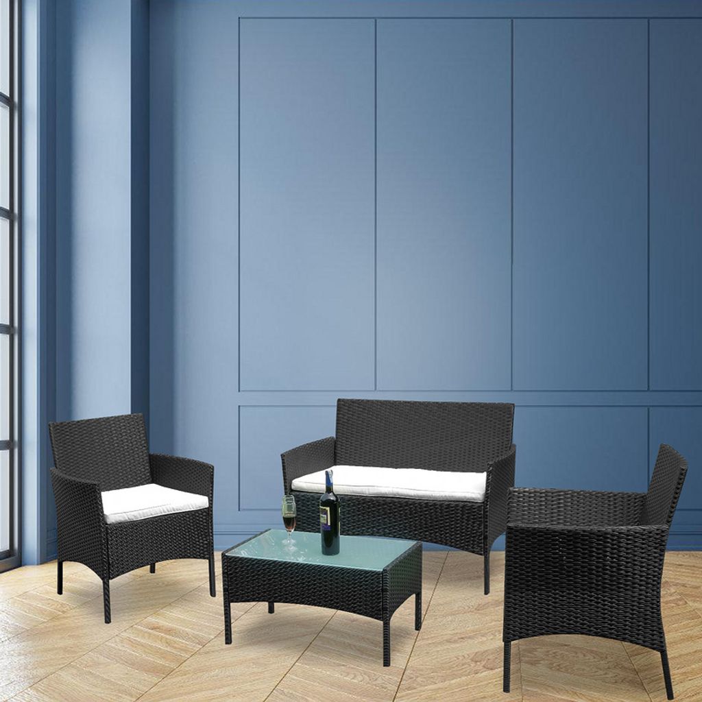 Fiqops Gartenmöbel Gartenmöbel-Sets Handgeflochten Garnitur Sitzgruppe Sofa Gartengarnitur Relax-Lounge schwarz