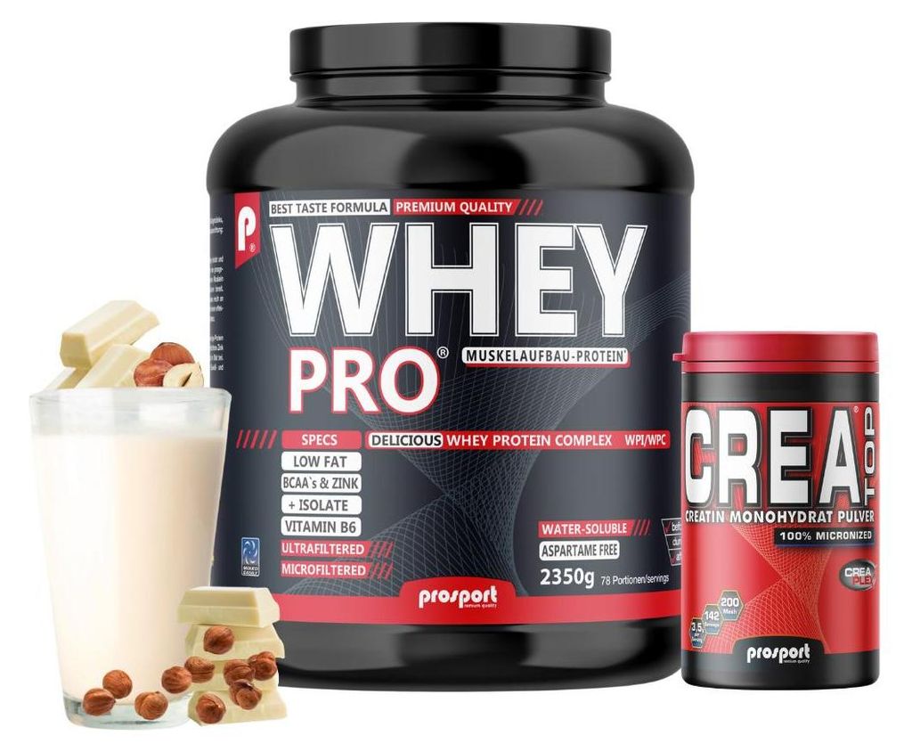 Prosport WHEY PRO White-Choc Hazelnut 2350g + Crea Top 500g – Whey Protein Pulver mit CFM Whey Isolat & UF Whey Konzentrat, Zink & Vitamin B6, ...