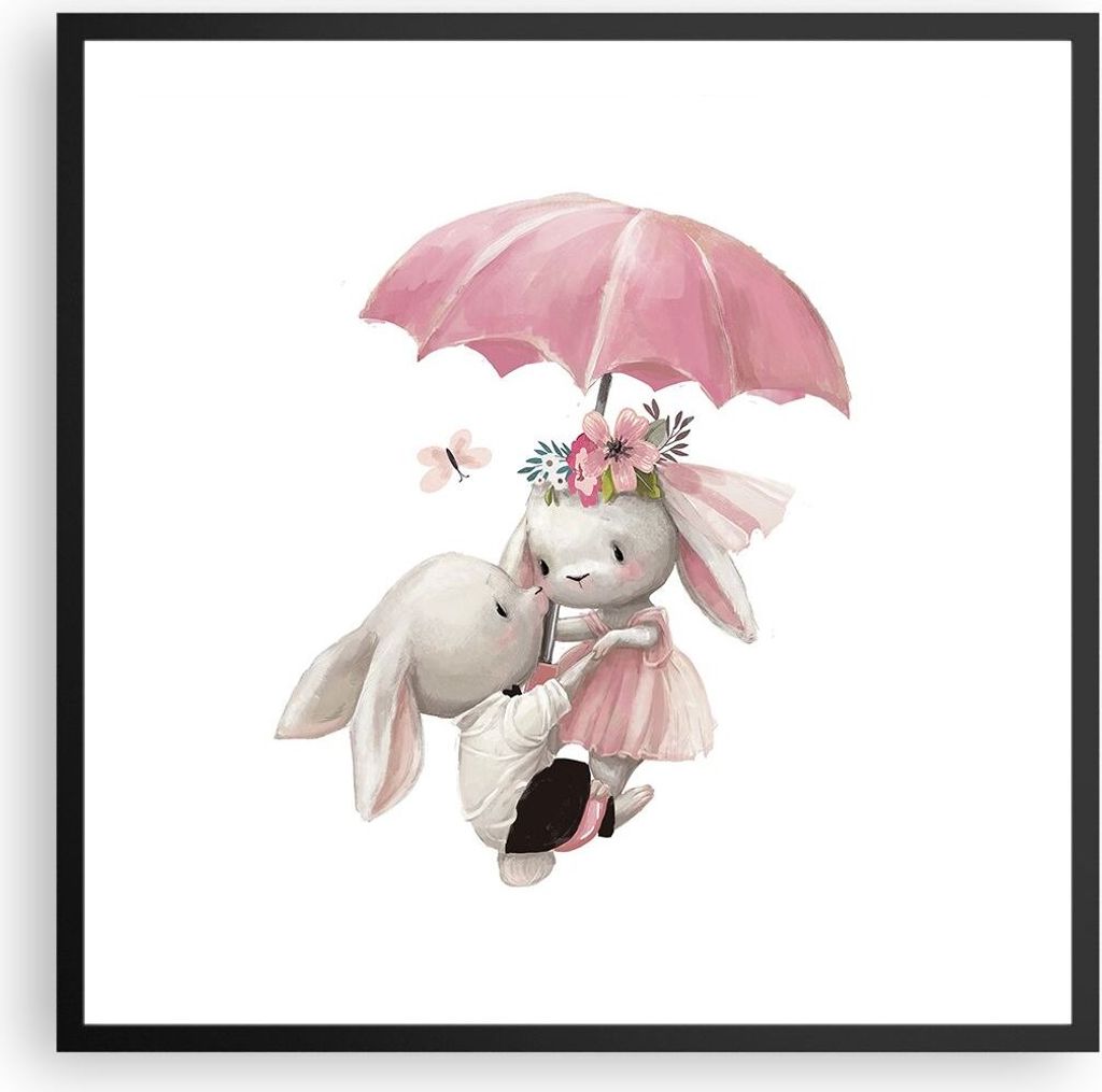 Gerahmtes Poster - Schwarzer Rahmen - Hasen Regenschirm Kinder - 60x60 cm - Wand Bild - Wanddeko - Wandbilder - Kunstposter - Wandposter - Bilderra...