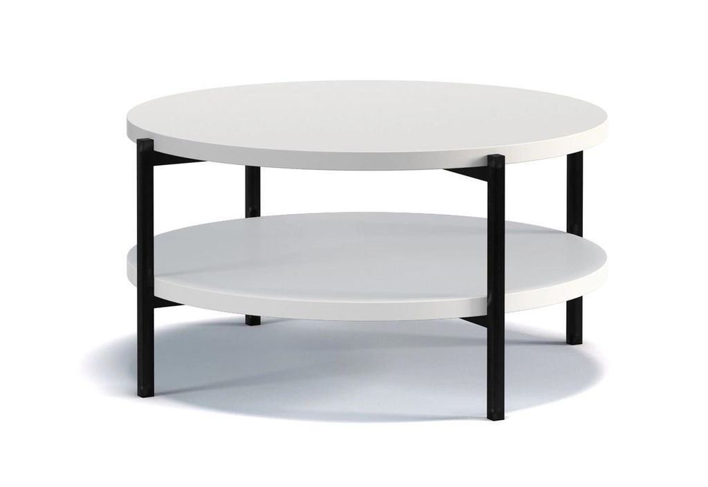 Runder Couchtisch Sampi 84 cm weiß matt mit Ablage – Moderner Wohnzimmertisch im skandinavischen Design mit stabilem Metallgestell und zusätzli...