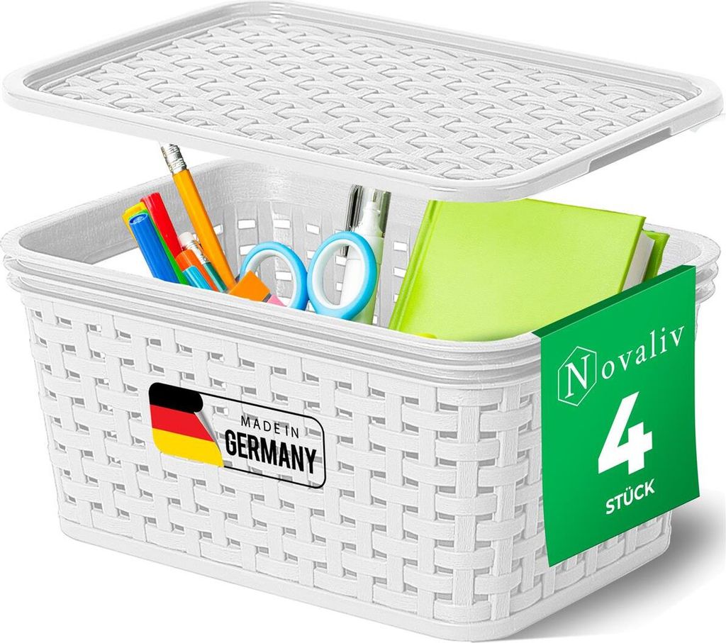 Novaliv 4er Set Elegante Aufbewahrungskörbe mit Deckel in Rattan-Optik | Weiß Lebensmittelecht Kunststoff 2L – für Büro und Zuhause. Vielseit...