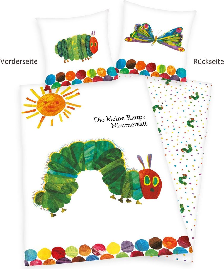 A flat lay of bedding with illustrations of The Very Hungry Caterpillar.
