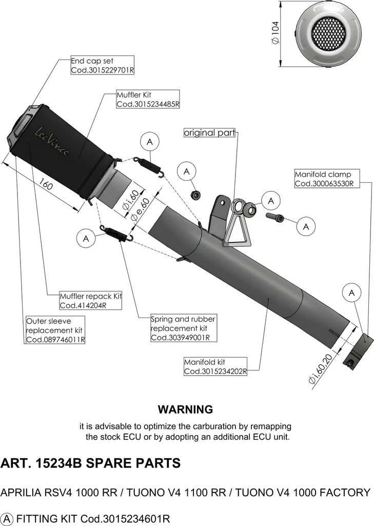 Pièce de rechange silencieux échappement LeoVince noir Ø 60mm LV-10