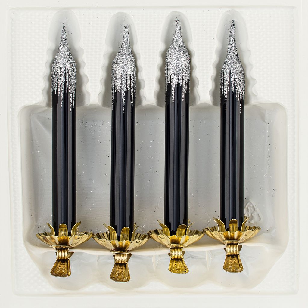 4tlg. Glas-Baumkerzen Set in "Hochglanz Schwarz Silber" - Weihnachtsbaumkerzen
