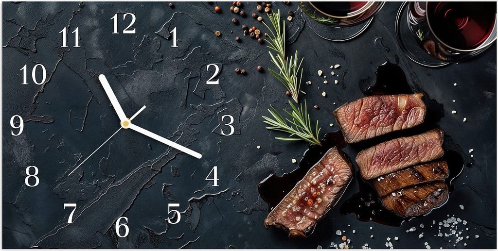 Wanduhr aus Glas mit Motiv Steak und Rotwein- 60 x 30 cm - inkl. Aufhängesystem