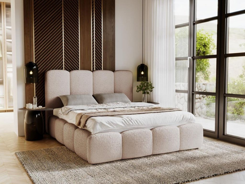 GRAINGOLD Polsterbett 120x200 Galli - Lattenrost, Kopfteil, Samtstoff - Doppelbett mit Bettkasten - Modern Schlafzimmerbett - Beige - Anthology 3