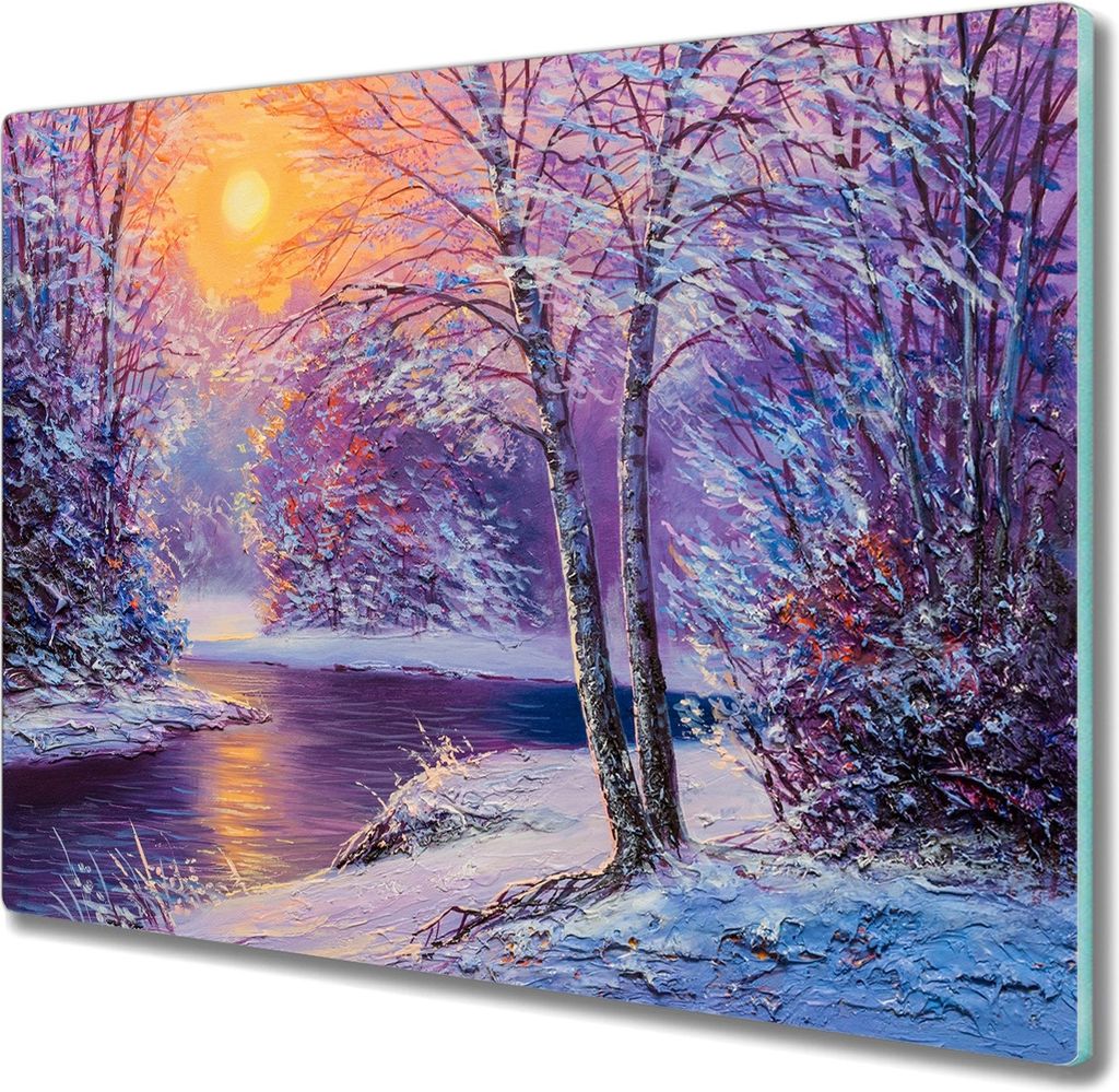 Coloray Kochplattenabdeckung Herdabdeckplatte 60x52 cm Hackbrett Schneidebrett Küchenbrett - Winterwald Fluss Sonnenuntergang
