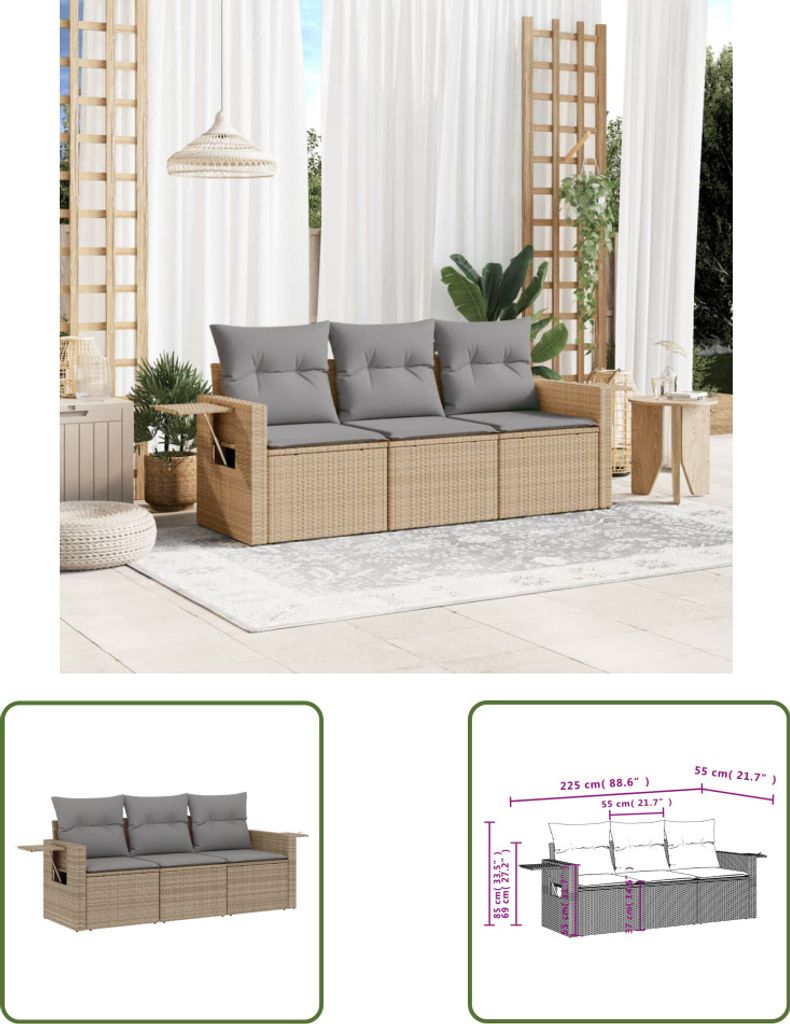 The Living Store 3-tlg. Garten-Sofagarnitur mit Kissen Beige Poly Rattan