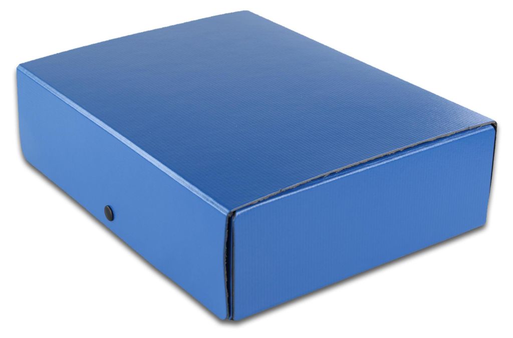 Dokumentenbox aus Hartfaserplatte mit 3 Klappen und einem 8 cm Druckkopf, blau