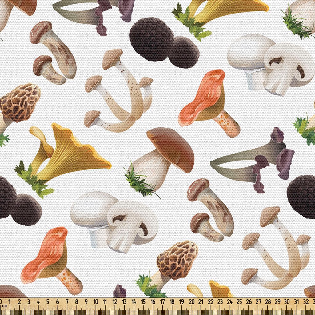 ABAKUHAUS Pilz Gewebe als Meterware, Realistische Art Verschiedene Arten von frischen Toadstools Truffes Natural Lifestyle Cook, 5 M (148 x 500 cm)...