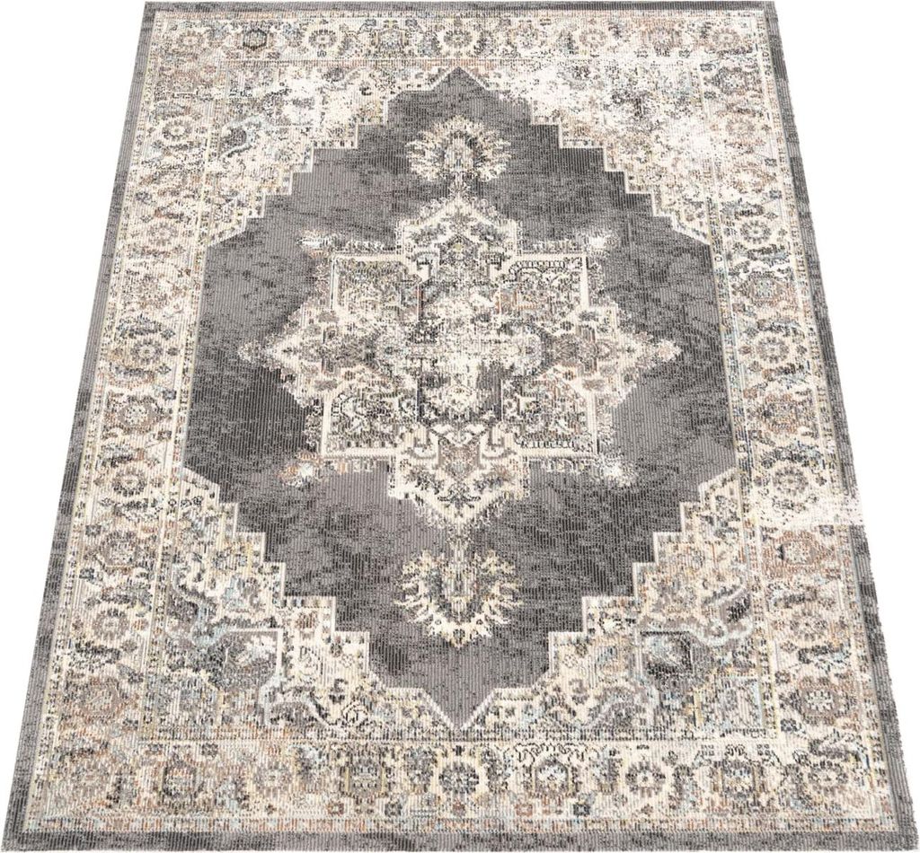 Outdoor Teppich Orientalisch Vintage Balkon, Terrasse schmutzabweisend Grau Läufer 80x150 | 100% Polypropylen | Florhöhe: 2 mm | pflegeleicht