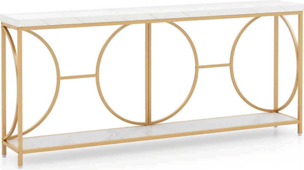 2-Ebenen Konsolentisch, 180cm Sofatisch mit Ablage, Faux-Marmorplatte & geometrischer Rahmen, Schmaler Flurtisch, Akzent-Sidetisch (Gold)