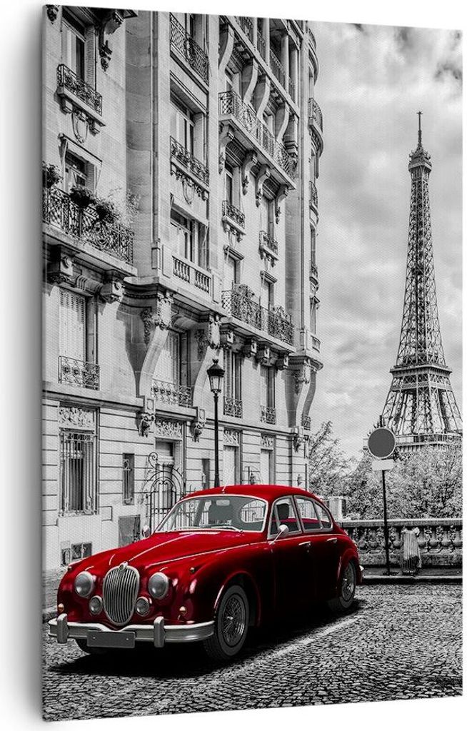 Bild auf Leinwand - Leinwandbild - Einteilig - Auto Eiffle Straße Gebäude - 80x120cm - Wand Bild - Wanddeko - Wandbilder - Leinwanddruck - Wandde...