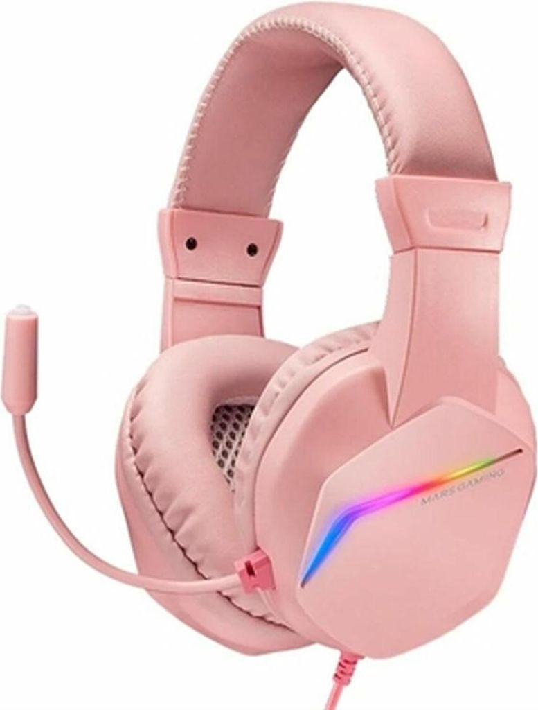 A pink gaming headset with RGB lighting on a white background.
