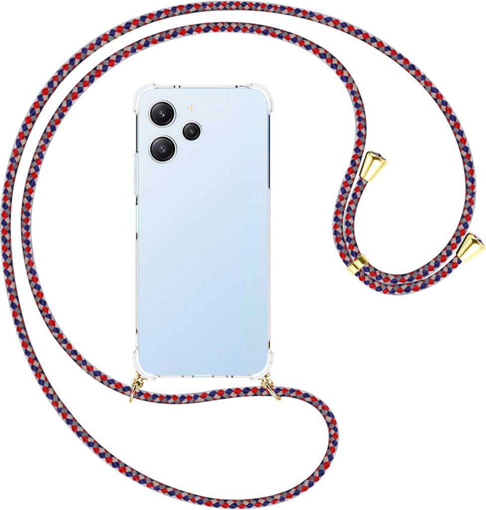 Handykette Backcover-Schutzhülle mit Band (Metall goldfarben) für Xiaomi Redmi 12 (6.79'') - silber/blau/rot
