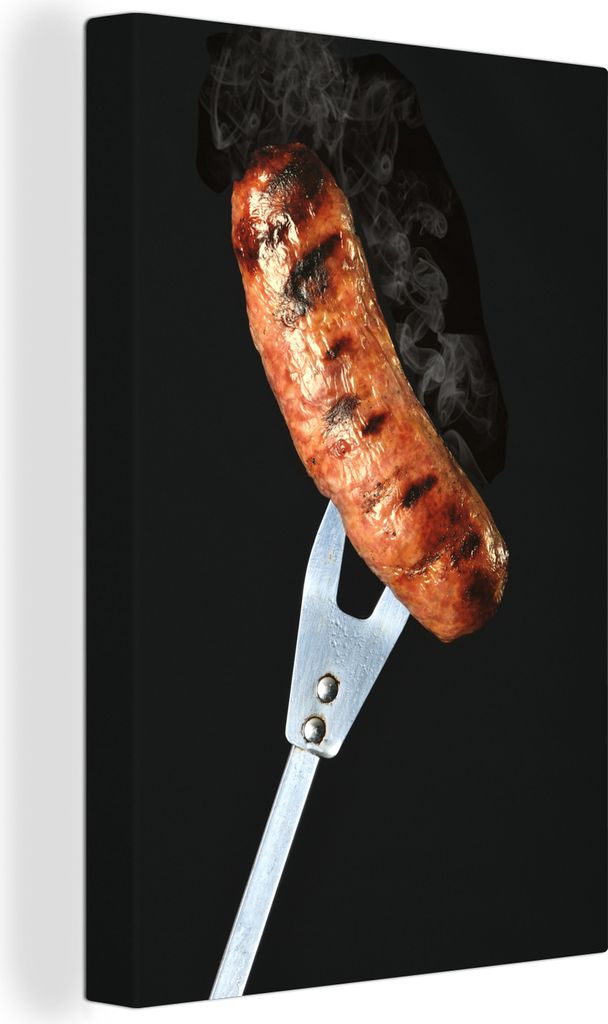 OneMillionCanvasses - Leinwandbilder - 90x140 cm, Eine Bratwurst auf einer Grillgabel, Wandbilder Kunstdruck Wanddekoration - Foto auf Leinwand -...