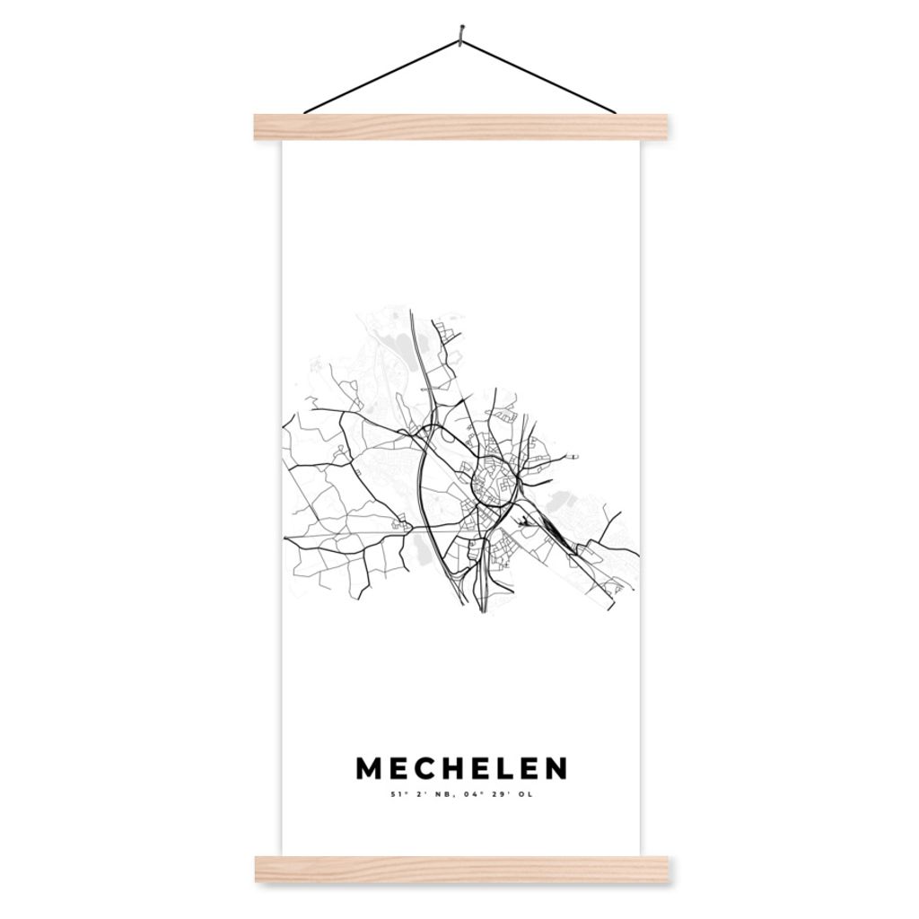 MuchoWow Textilposter Karte - Belgien - Mechelen - Schwarz und weiß - Stadtplan 40x80 cm mit holzfarbenen Rahmen - Wohnzimmer