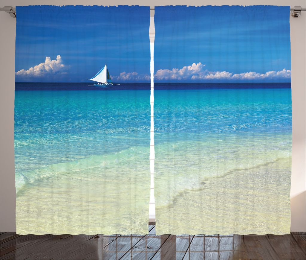 ABAKUHAUS Tropisch Rustikaler Vorhang, Exotische Seashore View, Wohnzimmer Universalband Gardinen mit Schlaufen und Haken, 280 x 225 cm, Türkis Creme