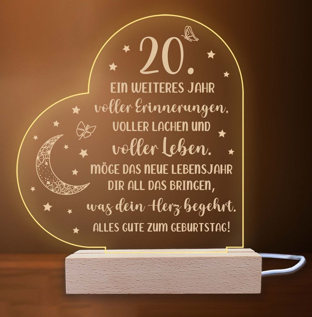 INDIGOS UG - LED Nachttischlampe - 20. Geburtstag - Herz links mit Spruch - Nachtlicht - 3D-LED-Lampe - Geburtstag - Geschenk für Freund, Freundin...