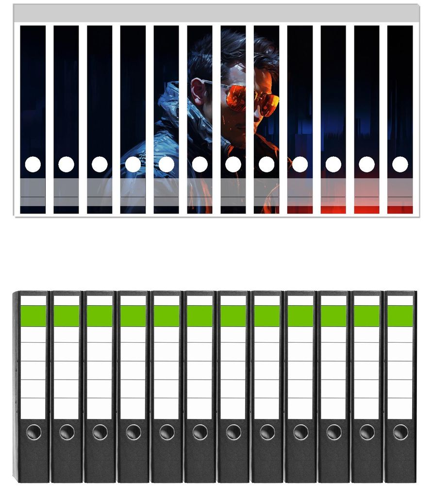 Wallario 12 Stück schmale Ordner inkl. Klebeetiketten mit Motive Ernster Typ mit Sonnenbrille - Set mit Rückenschildern / Ordnerrücken Stickern