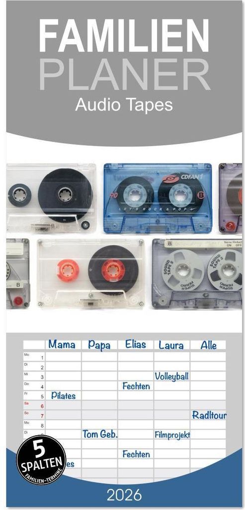 Familienplaner 2026 - Audio Tapes mit 5 Spalten (Wandkalender, 21 x 45 cm) CALVENDO