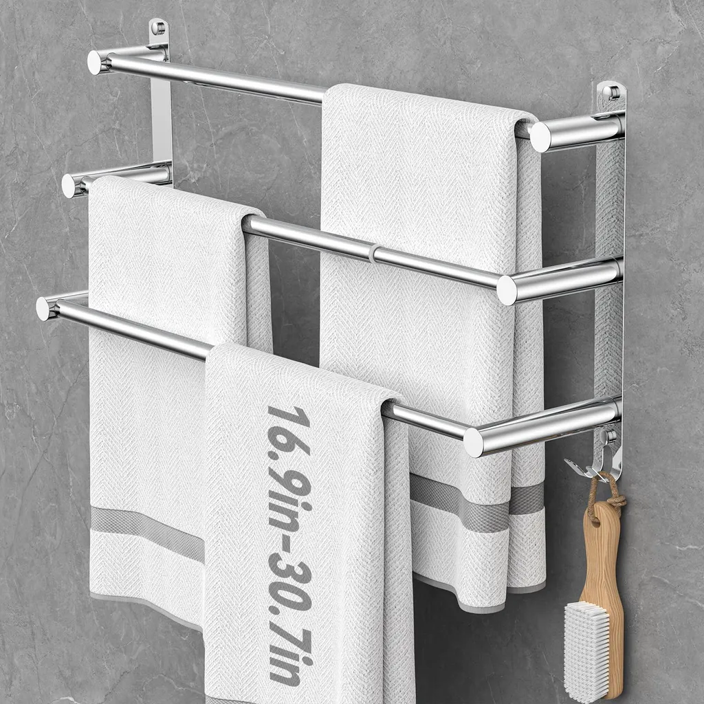 Double porte-serviette ajustable en inox argent pour salle de bain 74cm