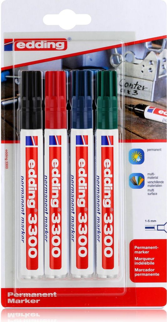 edding 3300 Permanent Marker 4er schwarz, rot, grün, blau 1-5mm (1er Pack)
