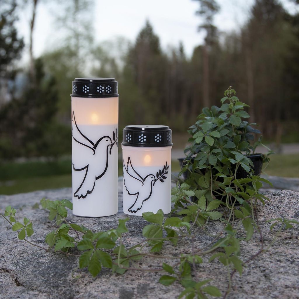 Star Trading LED Grablicht „Dove“ – Grabkerze Mit Tauben-Motiv, Warmweiß, Timer (6/18 Std.), Batteriebetrieb, 12,5 Cm – Für Den Außenbereich
