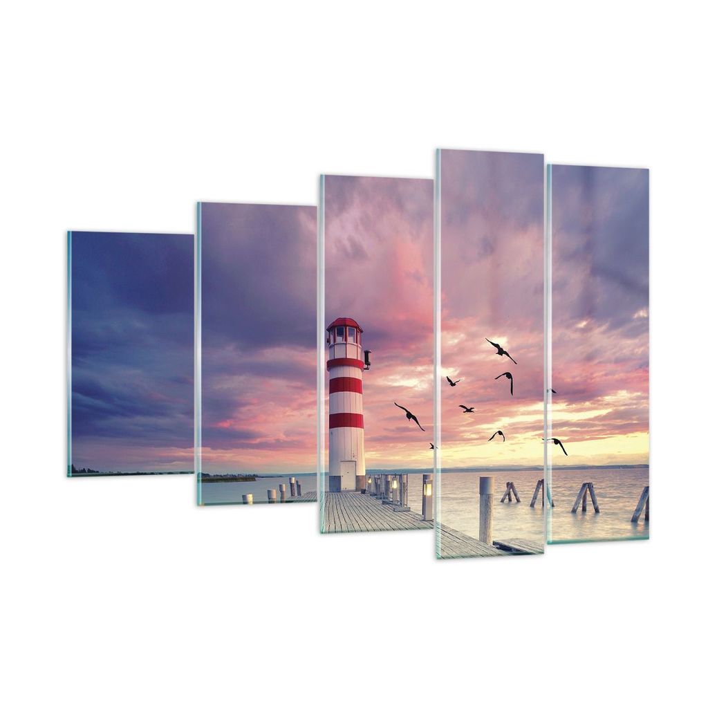 Bilder auf glas - 5 Teile - Laterne Meer Küste - 150x100cm - Glasbilder - Wandbilder - Bilder - zum Aufhängen bereit - Wanddekoration aus Glas - ...