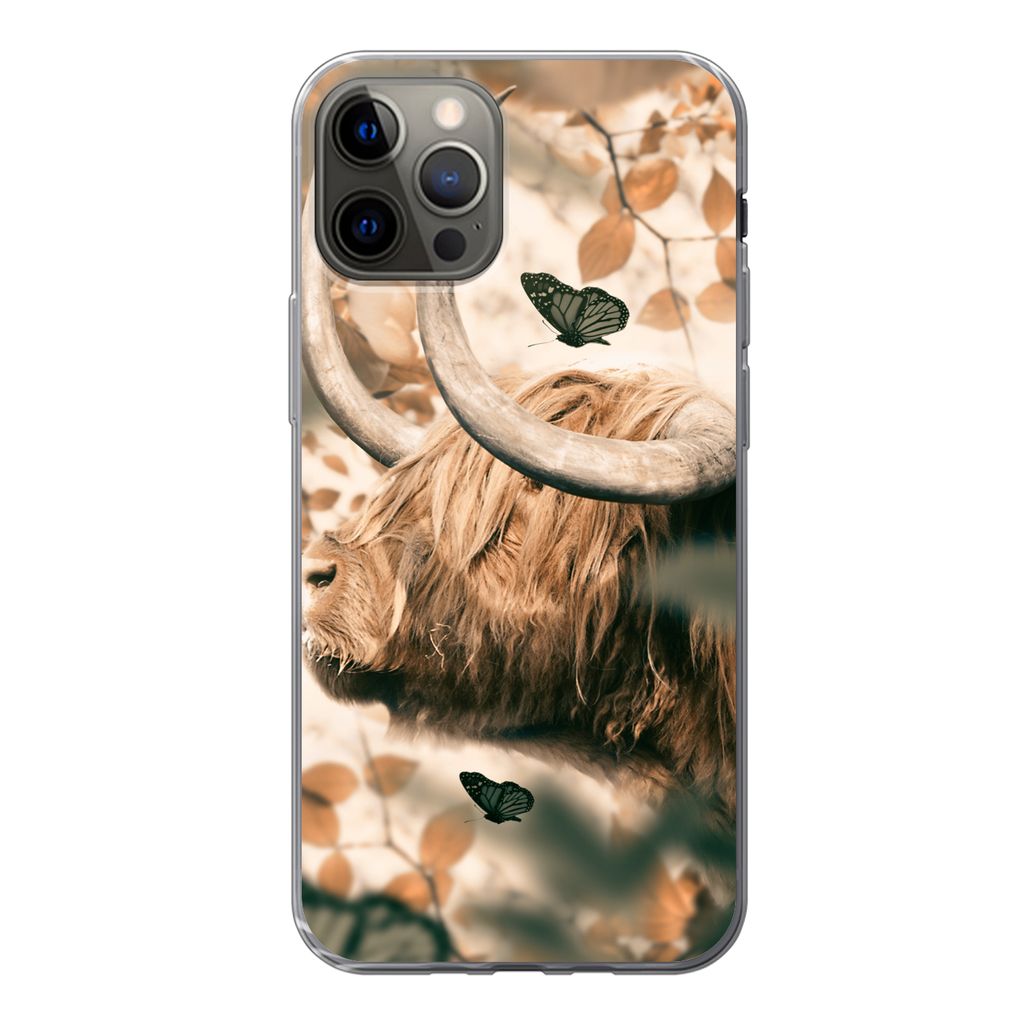 MuchoWow Handyhülle Schutzhülle Hülle für iPhone 12 Pro Schottische Highlander - Schmetterlinge - Blätter Silikon Softcase Handy Hülle - Ab...