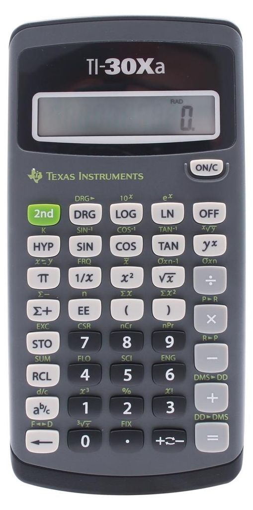A close-up studio shot of a Texas Instruments TI-30Xa calculator against a light gray background.